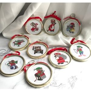 VTG Set of 9 Needlepoint Mice Christmas Ornaments